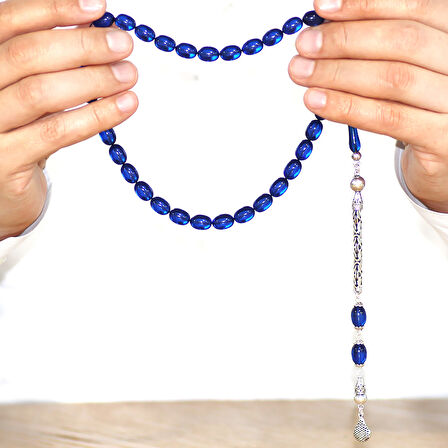 925 Ayar Gümüş Kral Zincir Püsküllü Sülün İmame Beyzi Kesim Lacivert Katalin Tesbih