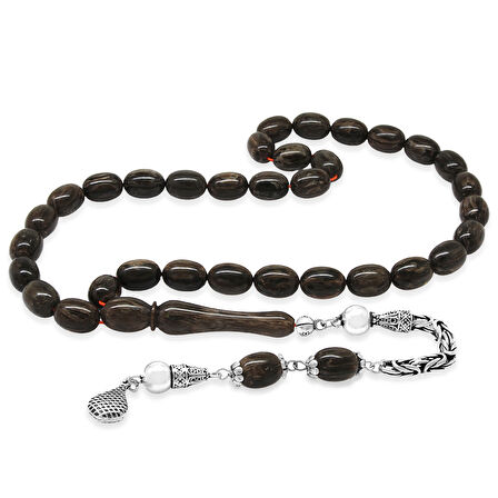 925 Ayar Gümüş Kral Zincir Püsküllü Sülün İmame Beyzi Kesim Gri - Siyah Katalin Tesbih