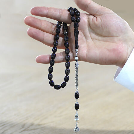 925 Ayar Gümüş Kral Zincir Püsküllü Sülün İmame Beyzi Kesim Gri - Siyah Katalin Tesbih