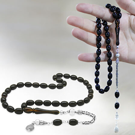 925 Ayar Gümüş Kral Zincir Püsküllü Sülün İmame Beyzi Kesim Siyah - Sarı Hareli Katalin Tesbih