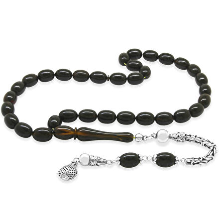 925 Ayar Gümüş Kral Zincir Püsküllü Sülün İmame Beyzi Kesim Siyah - Sarı Hareli Katalin Tesbih