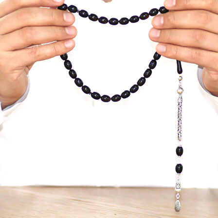 925 Ayar Gümüş Kral Zincir Püsküllü Sülün İmame Beyzi Kesim Siyah - Sarı Hareli Katalin Tesbih