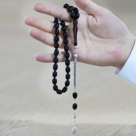 925 Ayar Gümüş Kral Zincir Püsküllü Sülün İmame Beyzi Kesim Siyah - Sarı Hareli Katalin Tesbih