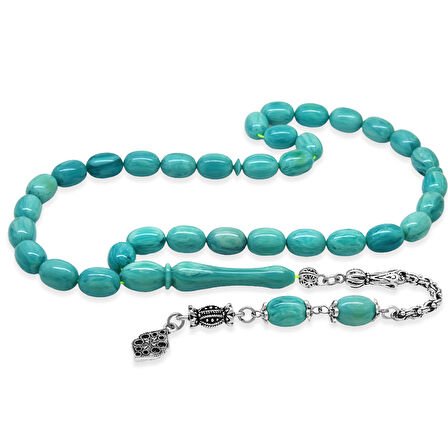 Kararmaz Metal Arnavut Zincir Püsküllü Sülün İmame Beyzi Kesim Turkuaz - Beyaz Hareli Katalin Tesbih