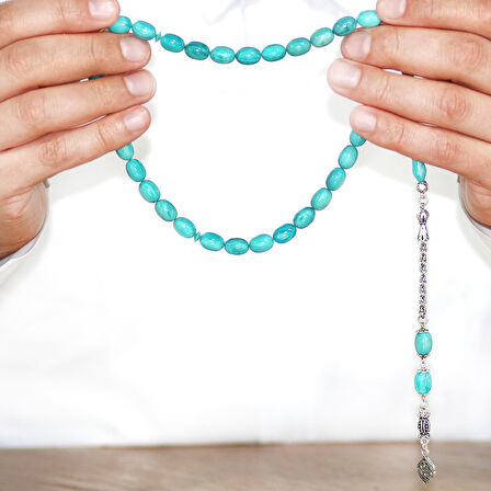 Kararmaz Metal Arnavut Zincir Püsküllü Sülün İmame Beyzi Kesim Turkuaz - Beyaz Hareli Katalin Tesbih