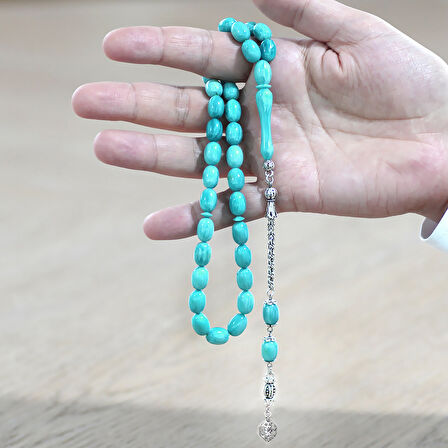 Kararmaz Metal Arnavut Zincir Püsküllü Sülün İmame Beyzi Kesim Turkuaz - Beyaz Hareli Katalin Tesbih