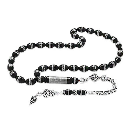 925 Ayar Gümüş Kral Zincir Püsküllü Çift Sıra Sarmal Metal İşlemeli Arpa Kesim Kuka Tesbih