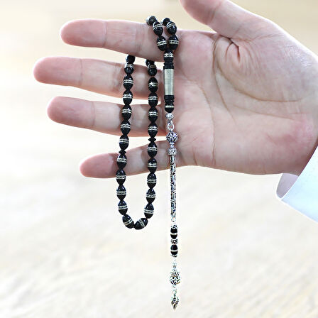 925 Ayar Gümüş Kral Zincir Püsküllü Çift Sıra Sarmal Metal İşlemeli Arpa Kesim Kuka Tesbih