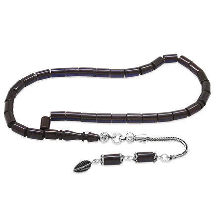 925 Ayar Gümüş Püsküllü Kesme Kesim Bilek Boy Lacivert Sıkma Kehribar Tesbih