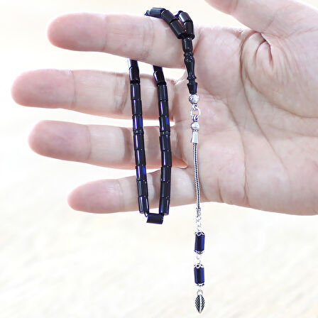 925 Ayar Gümüş Püsküllü Kesme Kesim Bilek Boy Lacivert Sıkma Kehribar Tesbih