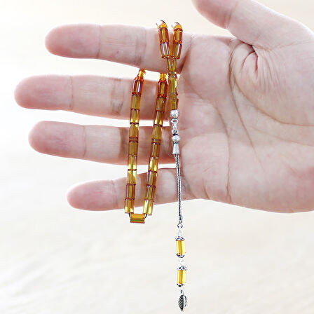 925 Ayar Gümüş Püsküllü Kesme Kesim Bilek Boy Soft Sarı Ateş Kehribar Tesbih