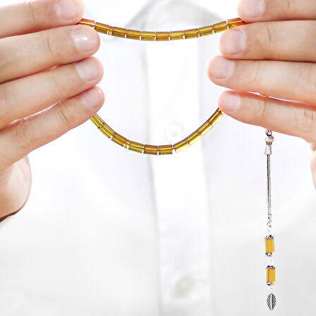 925 Ayar Gümüş Püsküllü Kesme Kesim Bilek Boy Soft Sarı Ateş Kehribar Tesbih