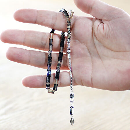 925 Ayar Gümüş Püsküllü Kesme Kesim Bilek Boy Siyah Beyaz Ateş Kehribar Tesbih