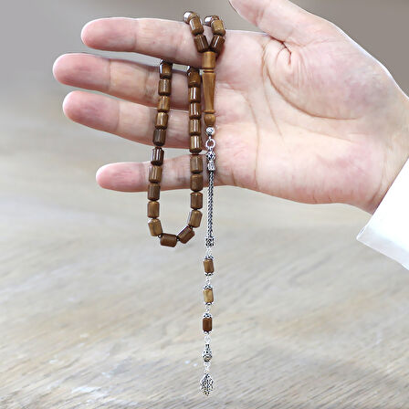 925 Ayar Gümüş Püsküllü Uçlu Kapsül Kesim Kahverengi Kuka Tesbih