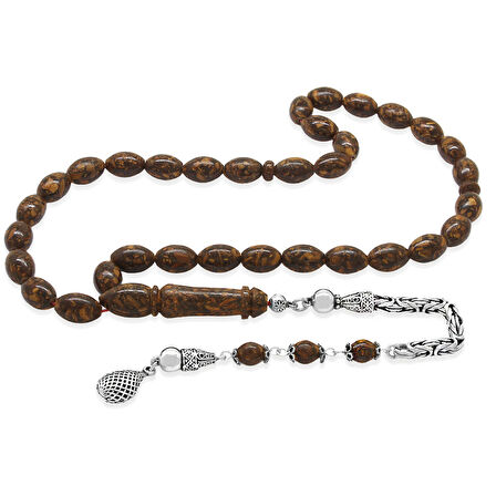 925 Ayar Gümüş Kral Zincir Püsküllü Arpa Kesim Kahverengi Kokulu Tarçın Ağacı Tesbih