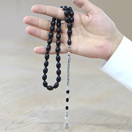 925 Ayar Gümüş Kral Zincir Püsküllü Özel Kesim Abanoz Ağacı Tesbih