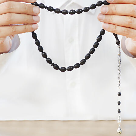 925 Ayar Gümüş Kral Zincir Püsküllü Özel Kesim Abanoz Ağacı Tesbih