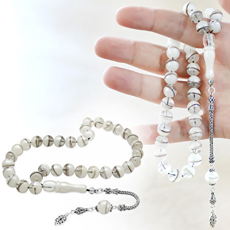 925 Ayar Gümüş Püsküllü Küre Kesim Sedefli Kişiye Özel Saç Teli İçerir Tesbih