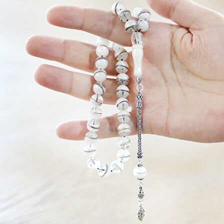 925 Ayar Gümüş Püsküllü Küre Kesim Sedefli Kişiye Özel Saç Teli İçerir Tesbih