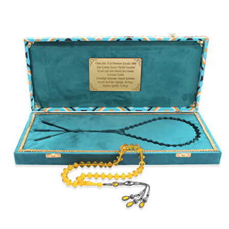 Premium Kutulu 1000 Ayar Gümüş Kazaz Püskül İstanbul Kesim Soft Sarı Büyük Boy Damla Kehribar Tesbih