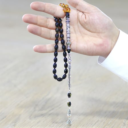 925 Ayar Gümüş Kral Püsküllü Nakkaş İmameli Cevşen Tasarım Süzme Sarı Siyah Ateş Kehribar Tesbih