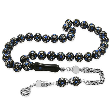 925 Ayar Gümüş Kral Zincir Püsküllü Firuze Gümüş İşleme Küre Kesim Erzurum Oltu Taşı Tesbih