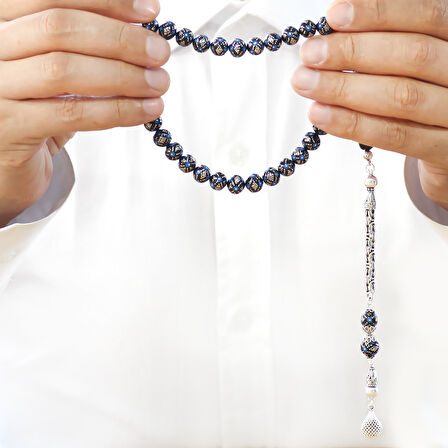 925 Ayar Gümüş Kral Zincir Püsküllü Firuze Gümüş İşleme Küre Kesim Erzurum Oltu Taşı Tesbih