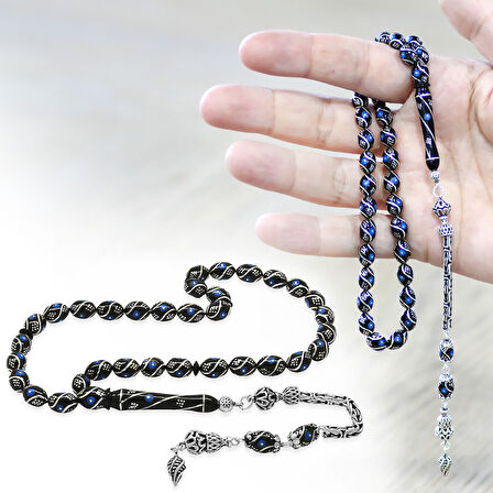 925 Ayar Gümüş Kral Zincir Püsküllü Arpa Kesim Gümüş Firuze İşlemeli Erzurum Oltu Taşı Tesbih