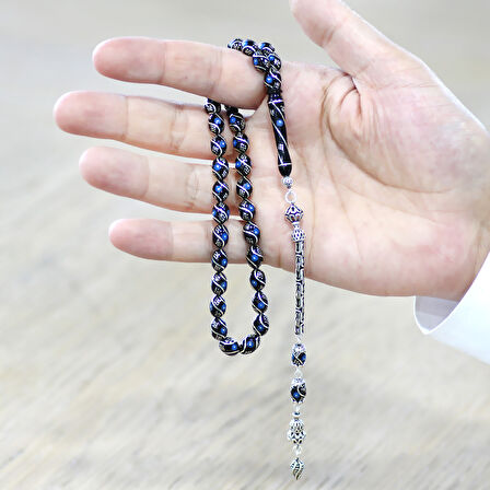 925 Ayar Gümüş Kral Zincir Püsküllü Arpa Kesim Gümüş Firuze İşlemeli Erzurum Oltu Taşı Tesbih