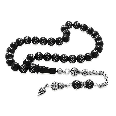 925 Ayar Gümüş Kral Zincir Püsküllü Gümüş İşlemeli Rus Oltu Tesbih