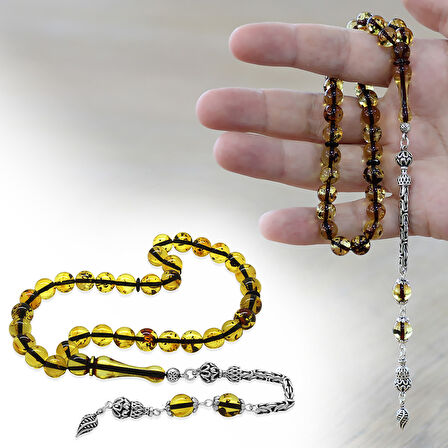 925 Ayar Gümüş Kral Püsküllü Küre Kesim Hafif Fosilli Ihlamur Sarı Doğal Damla Kehribar Tesbih