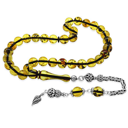 925 Ayar Gümüş Kral Püsküllü Küre Kesim Hafif Fosilli Ihlamur Sarı Doğal Damla Kehribar Tesbih