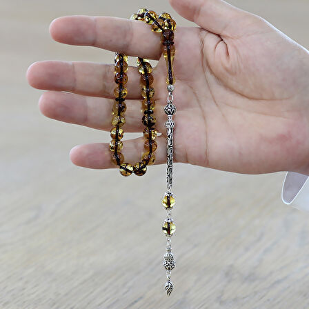 925 Ayar Gümüş Kral Püsküllü Küre Kesim Hafif Fosilli Ihlamur Sarı Doğal Damla Kehribar Tesbih