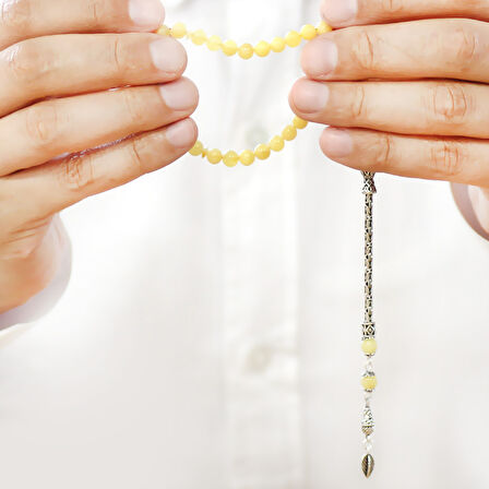 925 Ayar Gümüş Kral Zincir Püsküllü Bilek Boy Küre Kesim Soft Sarı Beyaz Doğal Damla Kehribar Tesbih