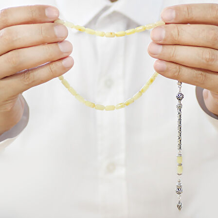 925 Ayar Gümüş Kral Zincir Püsküllü Kapsül Kesim Soft Sarı Beyaz Doğal Damla Kehribar Tesbih