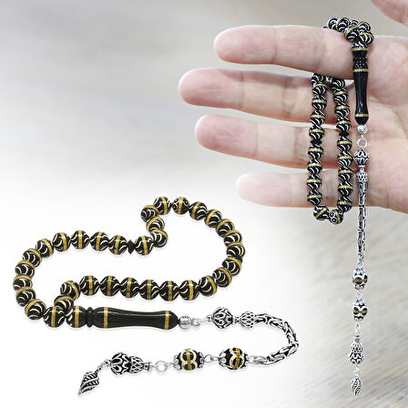 Kuka Tesbih – Siyah – 925 Ayar Gümüş Püsküllü - Pirinç Sarmal - Beyaz Mine Dolgulu – İstanbul Kesim