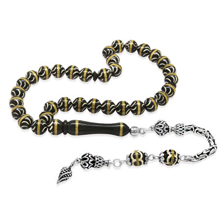 Kuka Tesbih – Siyah – 925 Ayar Gümüş Püsküllü - Pirinç Sarmal - Beyaz Mine Dolgulu – İstanbul Kesim