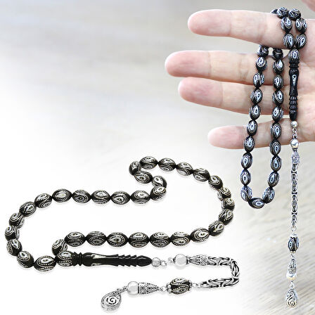 Erzurum Oltu Taşı Tesbih - 925 Ayar Gümüş Kral Püsküllü - Gümüş İşlemeli Mine Dolgulu - Arpa Kesim
