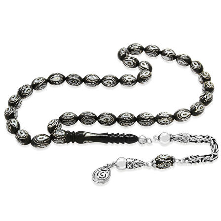 Erzurum Oltu Taşı Tesbih - 925 Ayar Gümüş Kral Püsküllü - Gümüş İşlemeli Mine Dolgulu - Arpa Kesim
