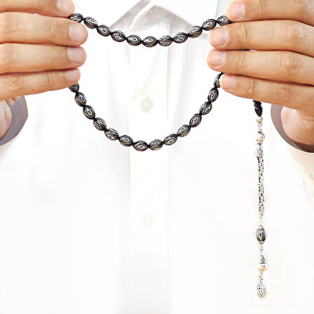 Erzurum Oltu Taşı Tesbih - 925 Ayar Gümüş Kral Püsküllü - Gümüş İşlemeli Mine Dolgulu - Arpa Kesim
