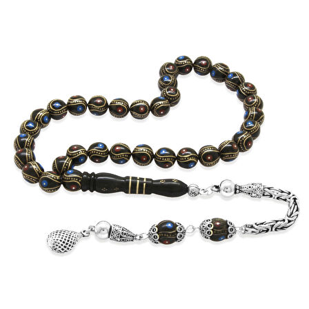 Erzurum Oltu Taşı Tesbih - 925 Ayar Gümüş Kral Püsküllü - Firuze Mercan İşlemeli - Küre Kesim