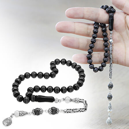 Erzurum Oltu Taşı Tesbih - 925 Ayar Gümüş Kral Püsküllü - Üç Sıra Gümüş İşlemeli - Küre Kesim