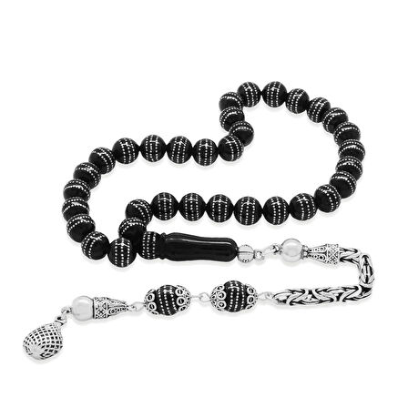 Erzurum Oltu Taşı Tesbih - 925 Ayar Gümüş Kral Püsküllü - Üç Sıra Gümüş İşlemeli - Küre Kesim