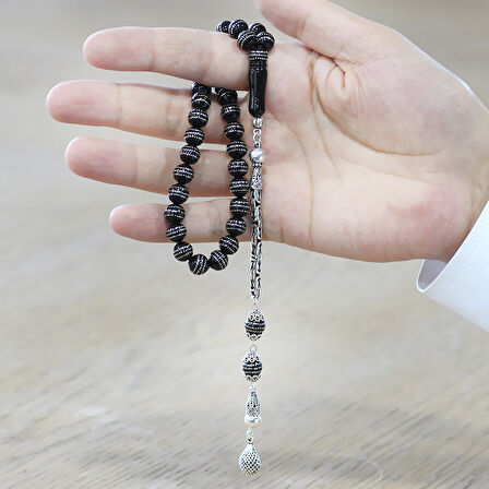 Erzurum Oltu Taşı Tesbih - 925 Ayar Gümüş Kral Püsküllü - Üç Sıra Gümüş İşlemeli - Küre Kesim