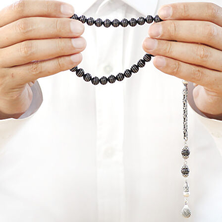 Erzurum Oltu Taşı Tesbih - 925 Ayar Gümüş Kral Püsküllü - Üç Sıra Gümüş İşlemeli - Küre Kesim