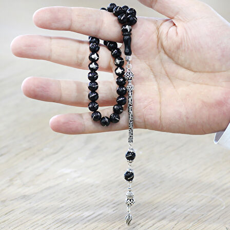 Rus Oltu Taşı Tesbih - 925 Ayar Gümüş Kral Püsküllü - Gümüş Tuğra İşlemeli - Küre Kesim