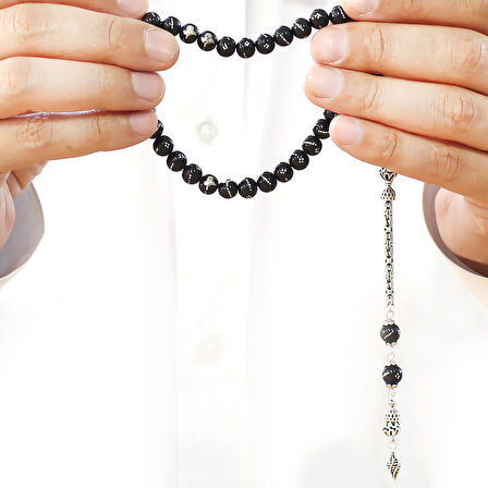 Rus Oltu Taşı Tesbih - 925 Ayar Gümüş Kral Püsküllü - Gümüş Tuğra İşlemeli - Küre Kesim