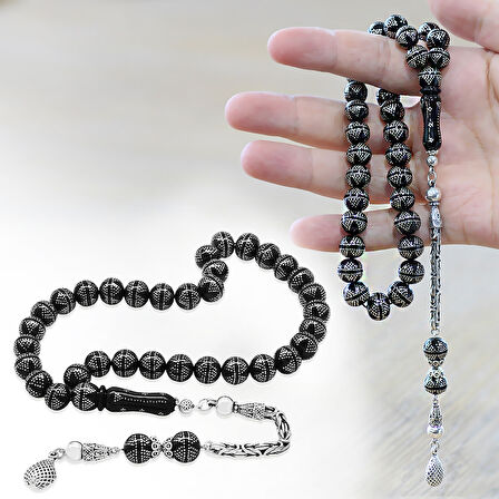 Erzurum Oltu Taşı Tesbih - 925 Ayar Gümüş Kral Püsküllü - Yoğun Gümüş Yıldız İşlemeli - Küre Kesim