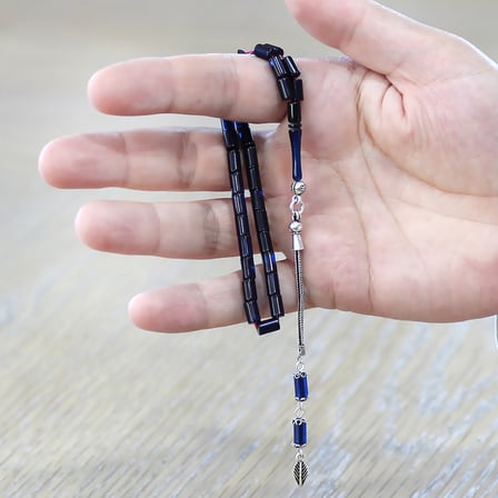 Sıkma Kehribar Tesbih - 925 Ayar Gümüş Püsküllü - Mini Boy - Mavi Siyah Renk - Kesme Kesim