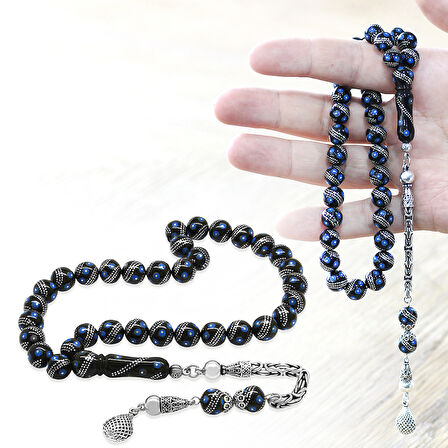 Erzurum Oltu Taşı Tesbih - 925 Ayar Kral Zincir Püsküllü - Gümüş Firuze İşlemeli - Küre Kesim